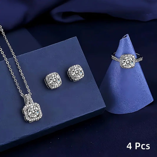 4pcs Sparkling Cube Zirconia Jewelry Set! Necklace Pendant, Ring, Earring Combo