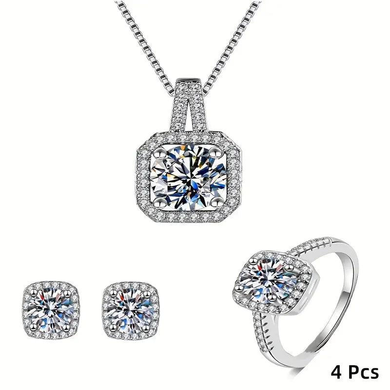 4pcs Sparkling Cube Zirconia Jewelry Set! Necklace Pendant, Ring, Earring Combo