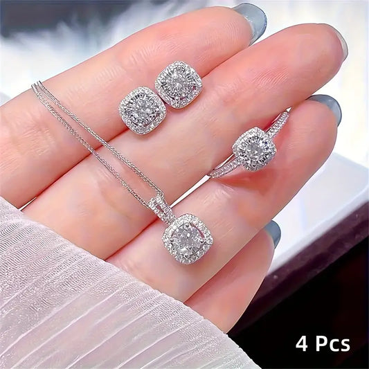 4pcs Sparkling Cube Zirconia Jewelry Set! Necklace Pendant, Ring, Earring Combo