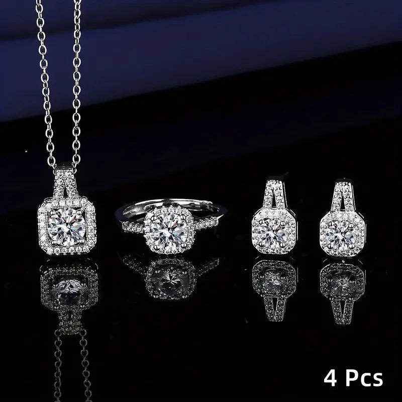 4pcs Sparkling Cube Zirconia Jewelry Set! Necklace Pendant, Ring, Earring Combo