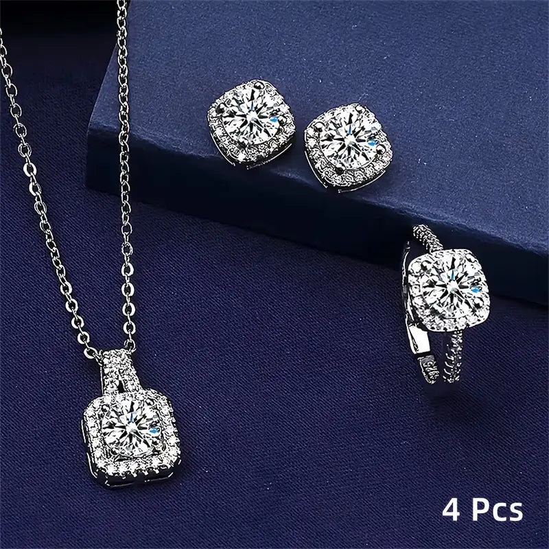 4pcs Sparkling Cube Zirconia Jewelry Set! Necklace Pendant, Ring, Earring Combo